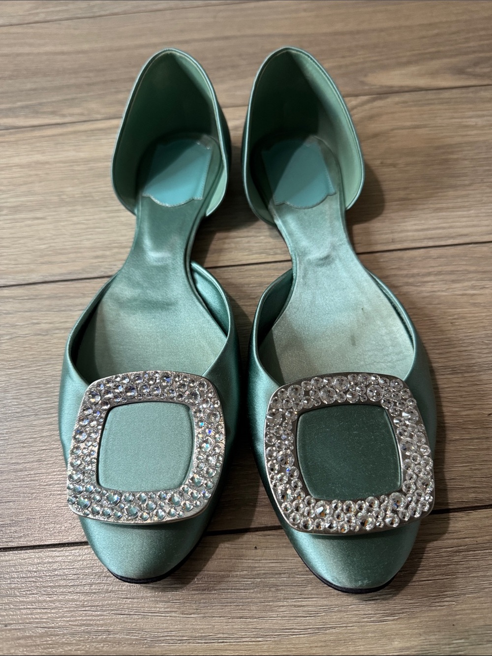 Roger Vivier Paris Crystal Buckle Mint Green Satin D’Orsay Heels